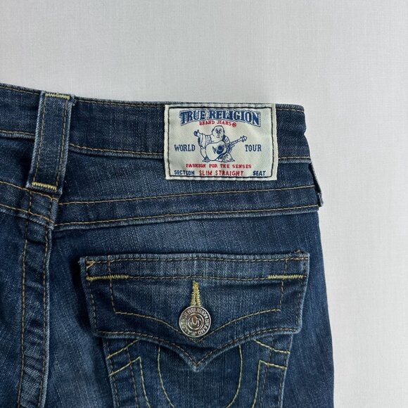 True Religion Slim Straight Jeans Womens 26  Low Rise Flap Pockets Stretch Blue - Picture 5 of 13